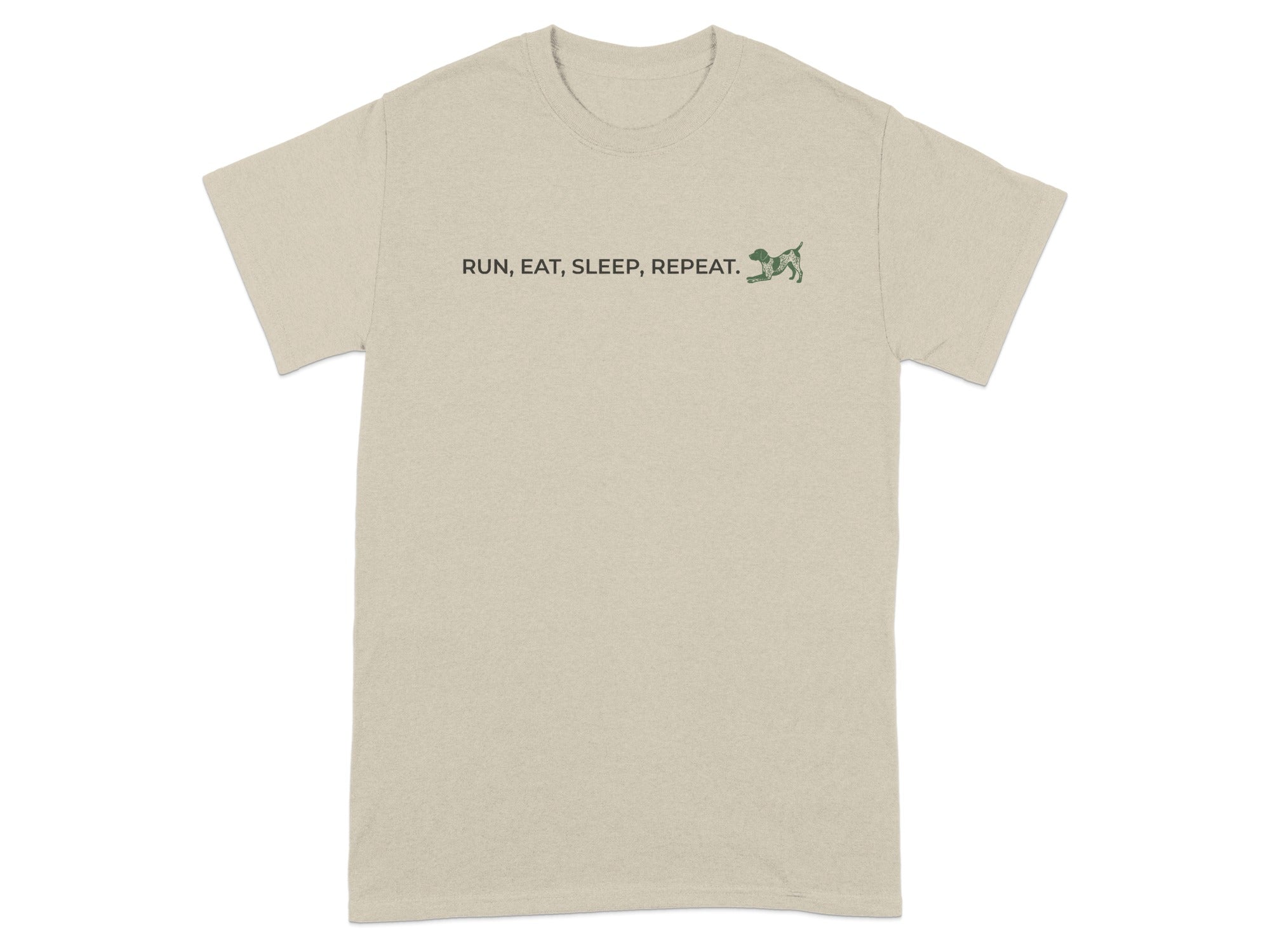 Beige t-shirt with "RUN, EAT, SLEEP, REPEAT" text and a dog icon.