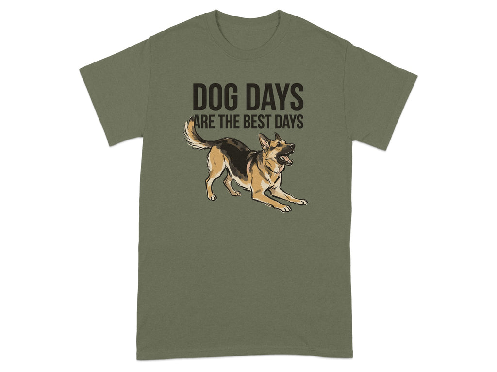 Green t-shirt with "DOG DAYS ARE THE BEST DAYS" and a German Shepherd.