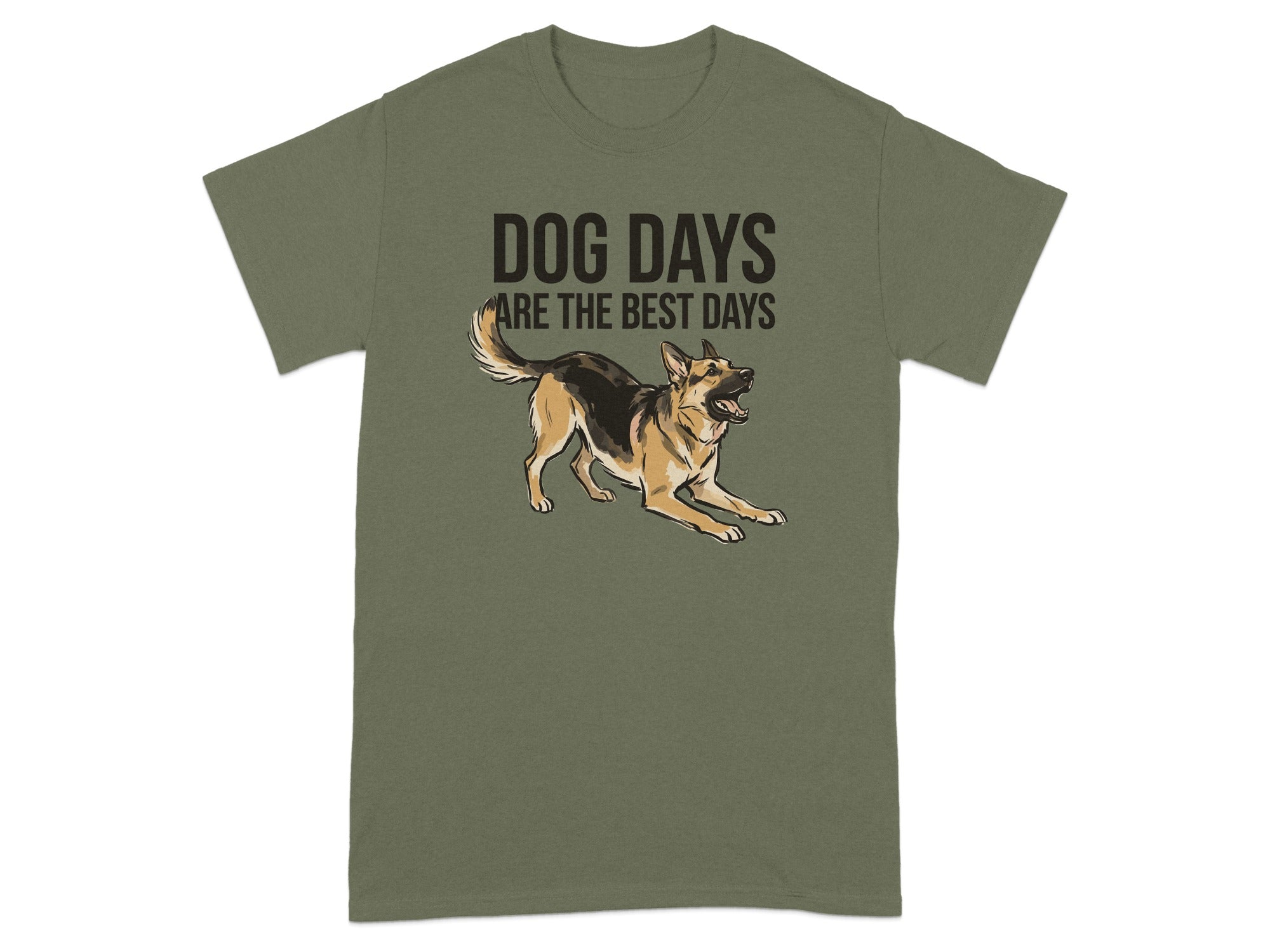 Green t-shirt with "DOG DAYS ARE THE BEST DAYS" and a German Shepherd.