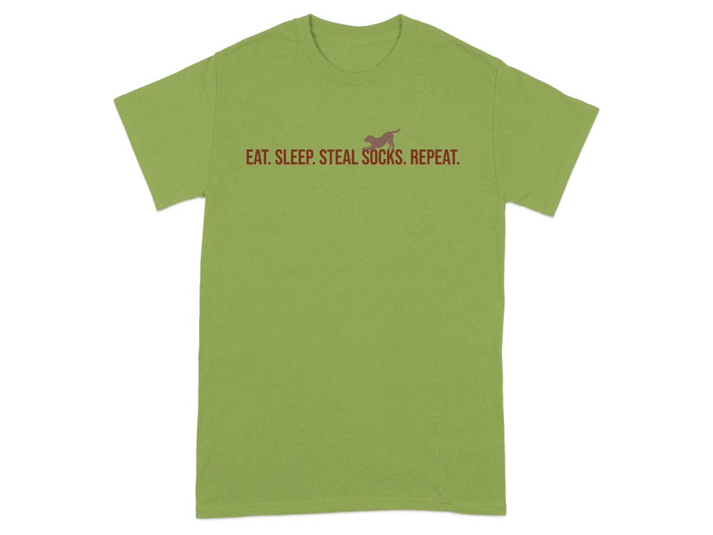 Green t-shirt with burgundy text "EAT. SLEEP. STEAL SOCKS. REPEAT." and dog graphic.