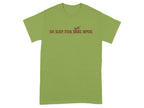 Green t-shirt with burgundy text "EAT. SLEEP. STEAL SOCKS. REPEAT." and dog graphic.