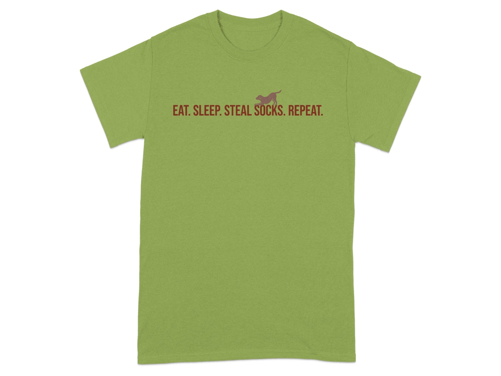 Green t-shirt with burgundy text "EAT. SLEEP. STEAL SOCKS. REPEAT." and dog graphic.