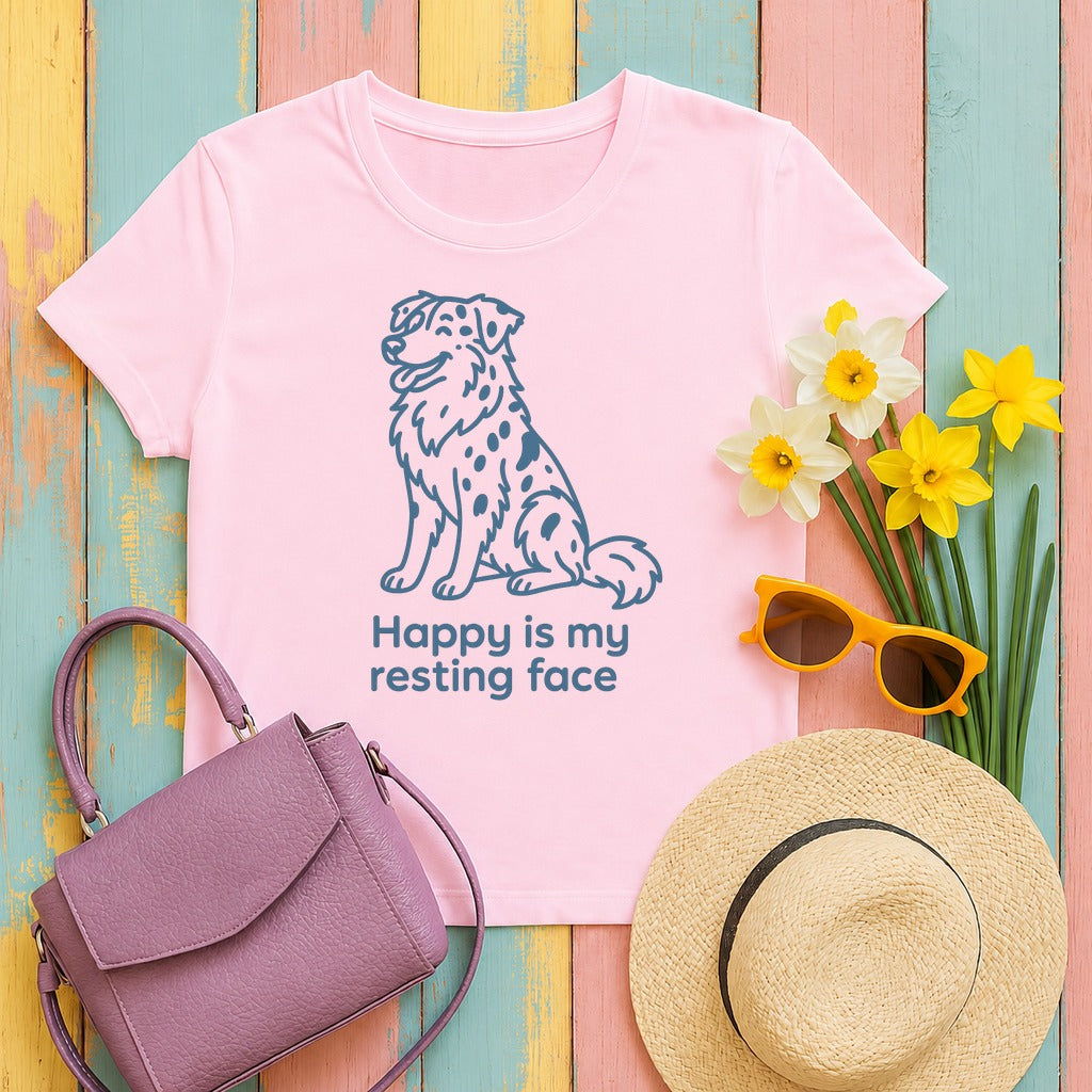 Happy Is My Resting Face - Funny Australian Shepherd T-shirt in Light Pink