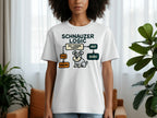 White t-shirt with a "Schnauzer Logic" flowchart about whether to bark or ignore.