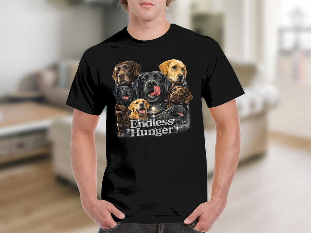 Black t-shirt with a graphic of multiple Labrador dogs and text "Endless Hunger".