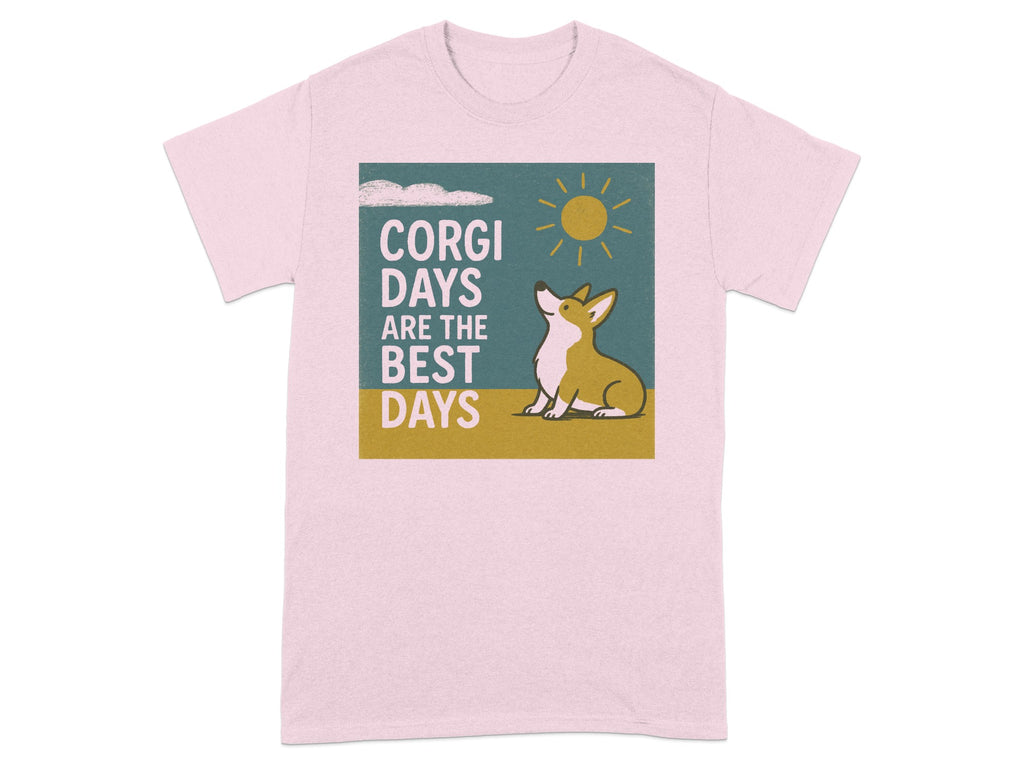 Pink t-shirt with "CORGI DAYS ARE THE BEST DAYS" text and a corgi under a sun.