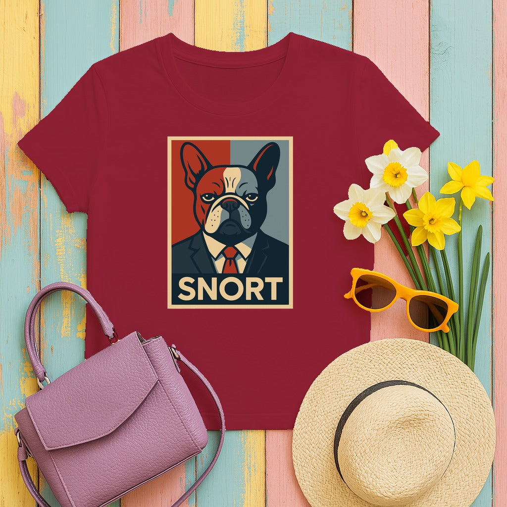 Snort French Bulldog Dog with Suit Design Funny T-Shirt in Cardinal Red