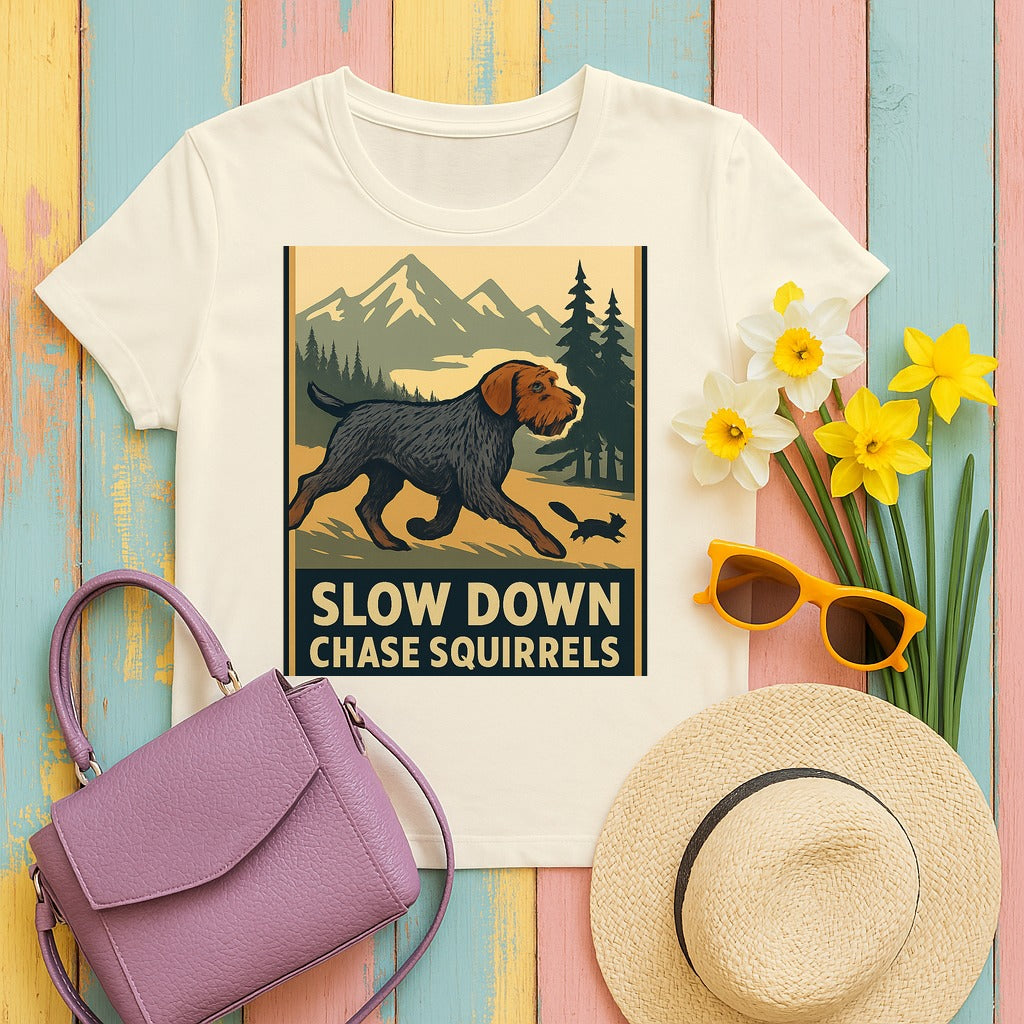 Wirehaired Pointing Griffon Slow Down Chase Squirrels T-shirt in Natural