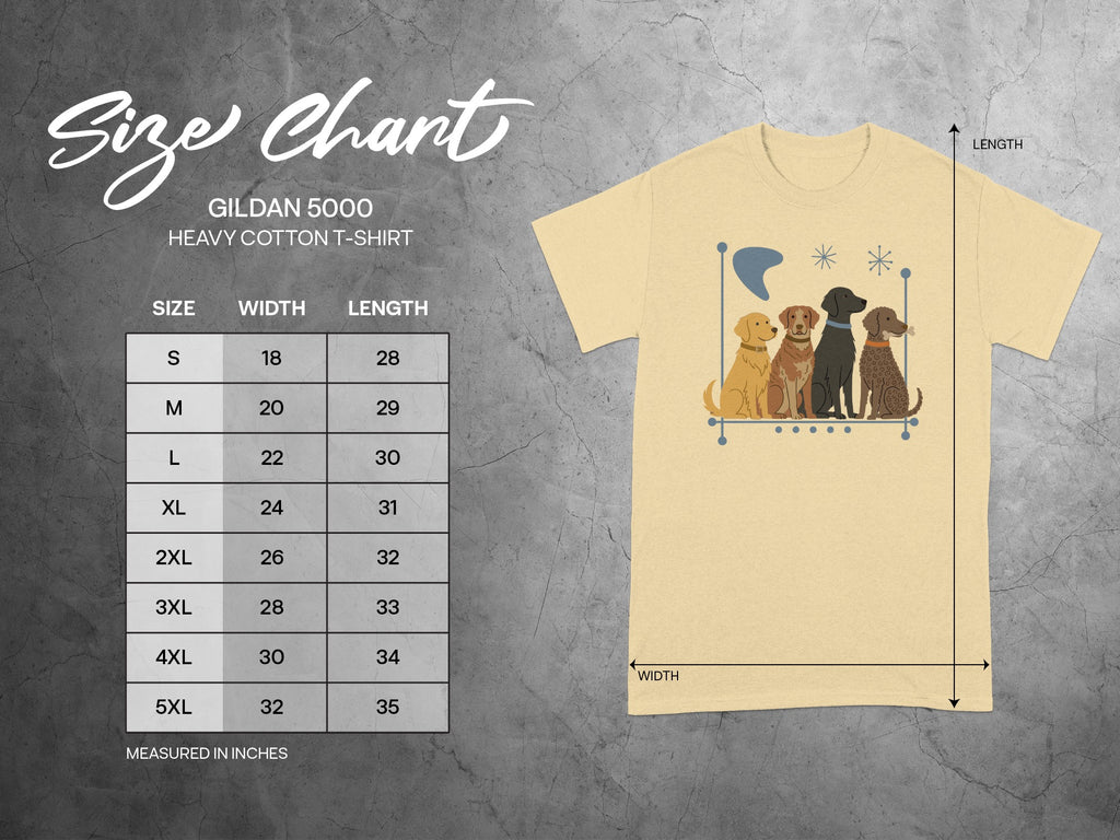 Gildan 5000 heavy cotton t-shirt size chart with dog graphic.