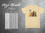 Gildan 5000 heavy cotton t-shirt size chart with dog graphic.