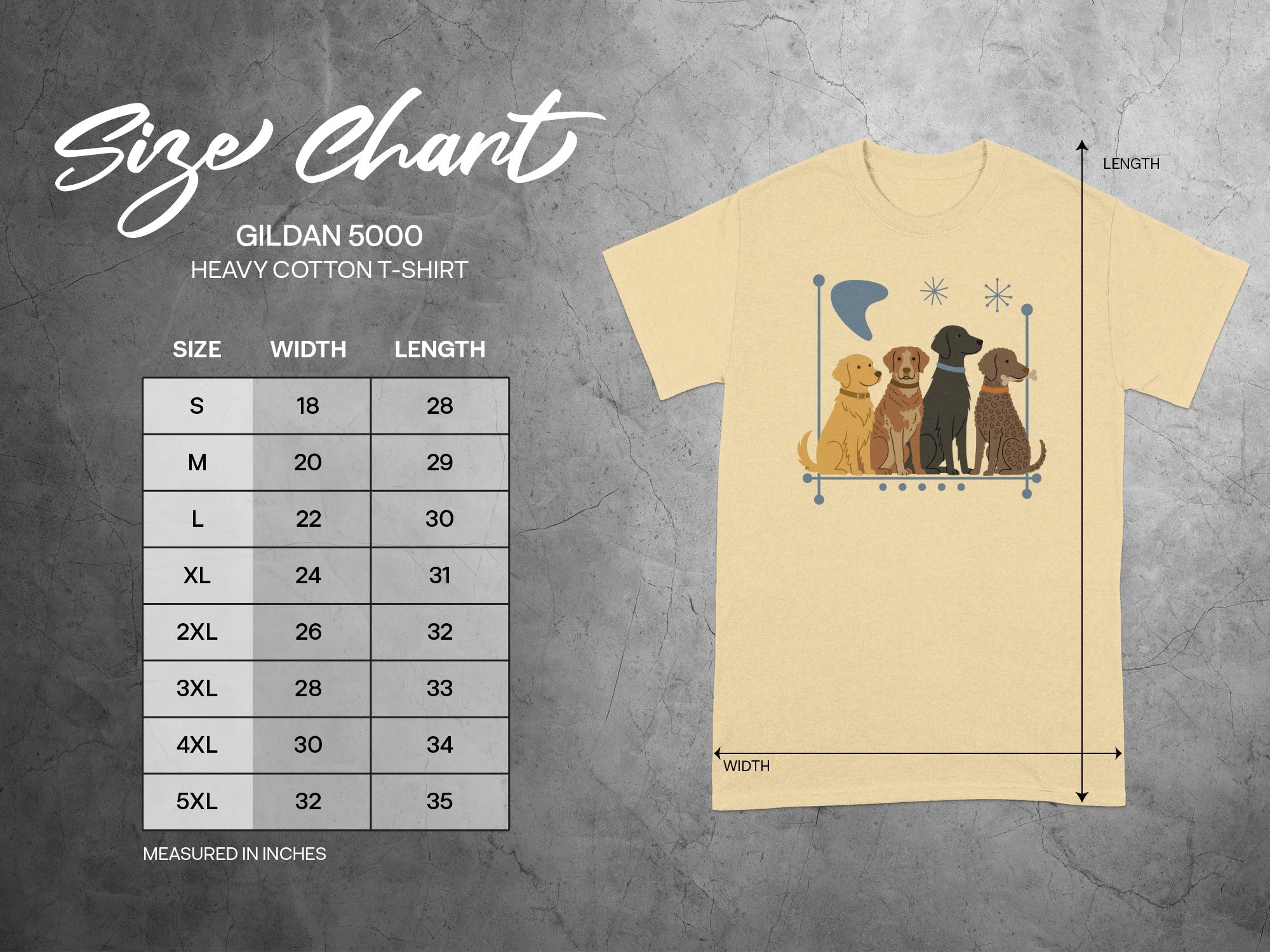 Gildan 5000 heavy cotton t-shirt size chart with dog graphic.
