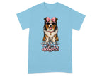 Blue t-shirt with a dog wearing pink sunglasses and bow, with "delight" text.