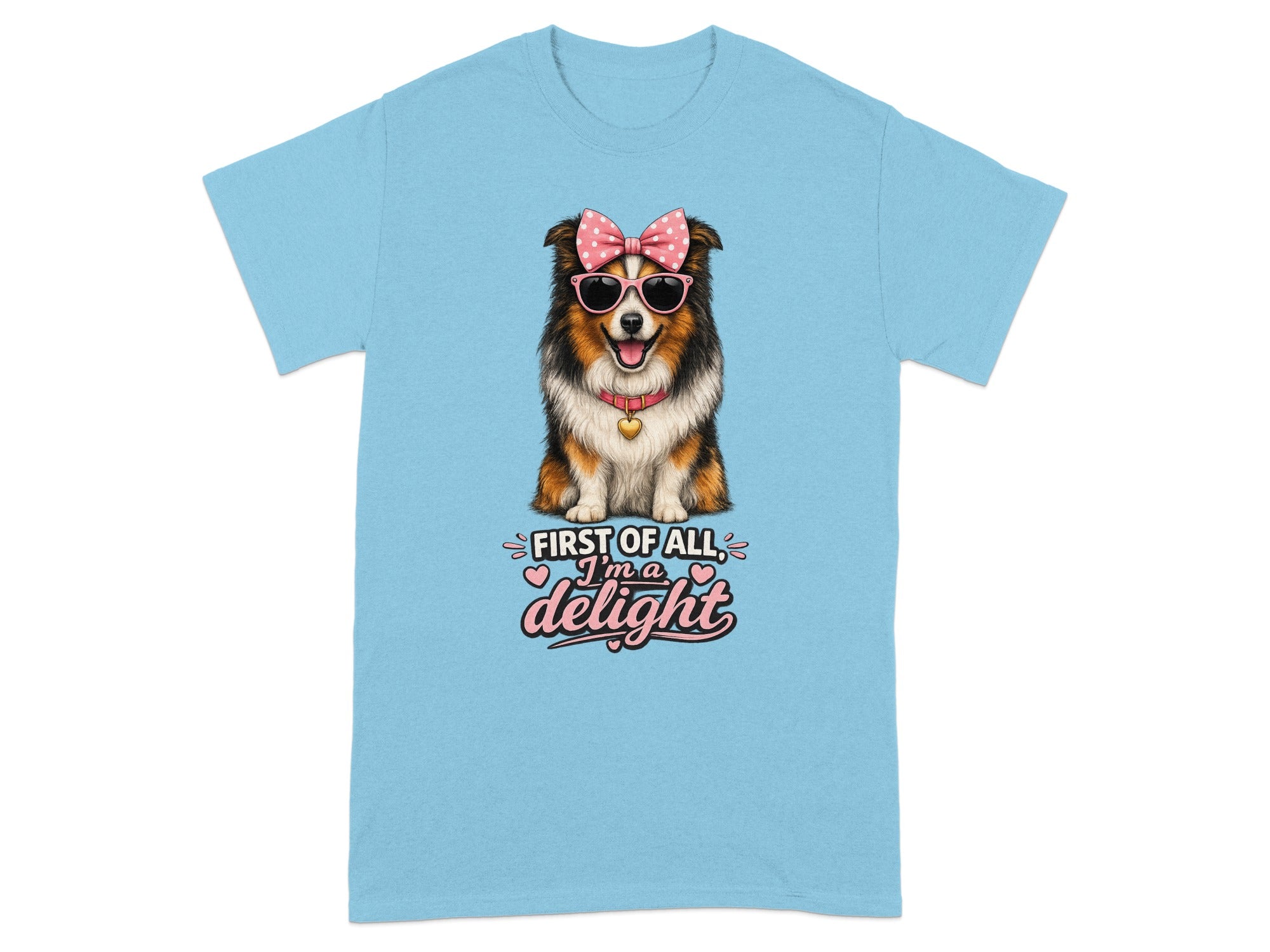 Blue t-shirt with a dog wearing pink sunglasses and bow, with "delight" text.