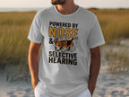 White t-shirt with Beagle graphic and "Powered by Nose & Selective Hearing" text.