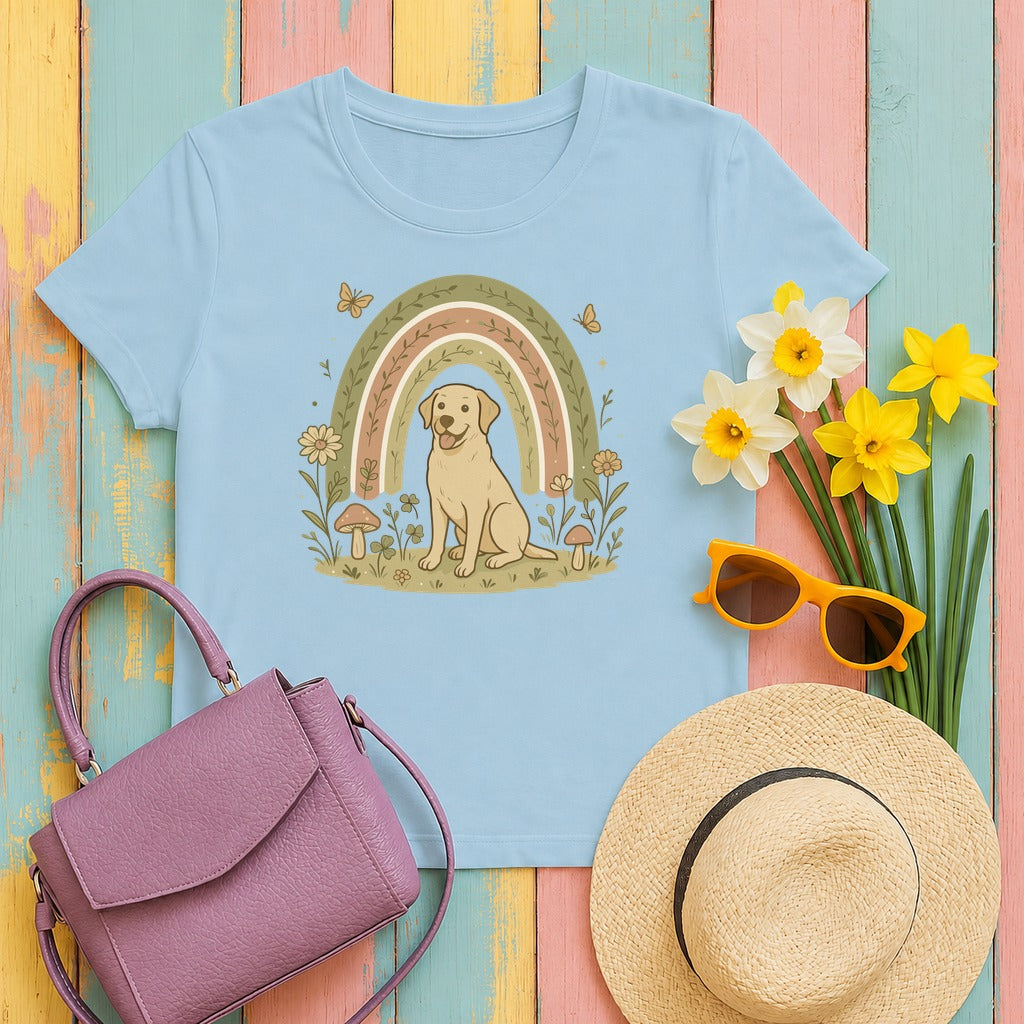 Adorable Labrador in Garden with Rainbow Graphic T-Shirt in Light Blue