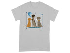 Three cartoon dogs, two spotted and one solid brown, sit in a row.