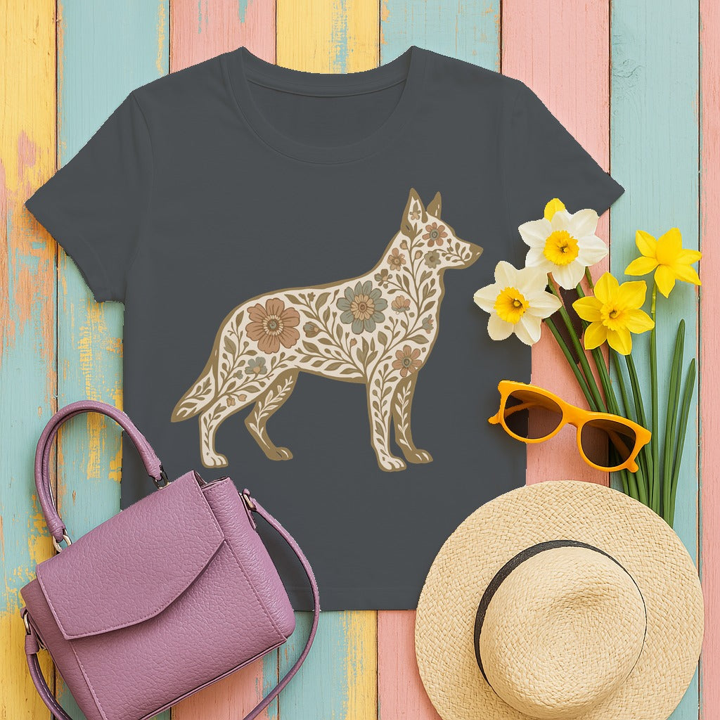 Floral German Shepherd Silhouette Unique Graphic Design T-Shirt in Charcoal