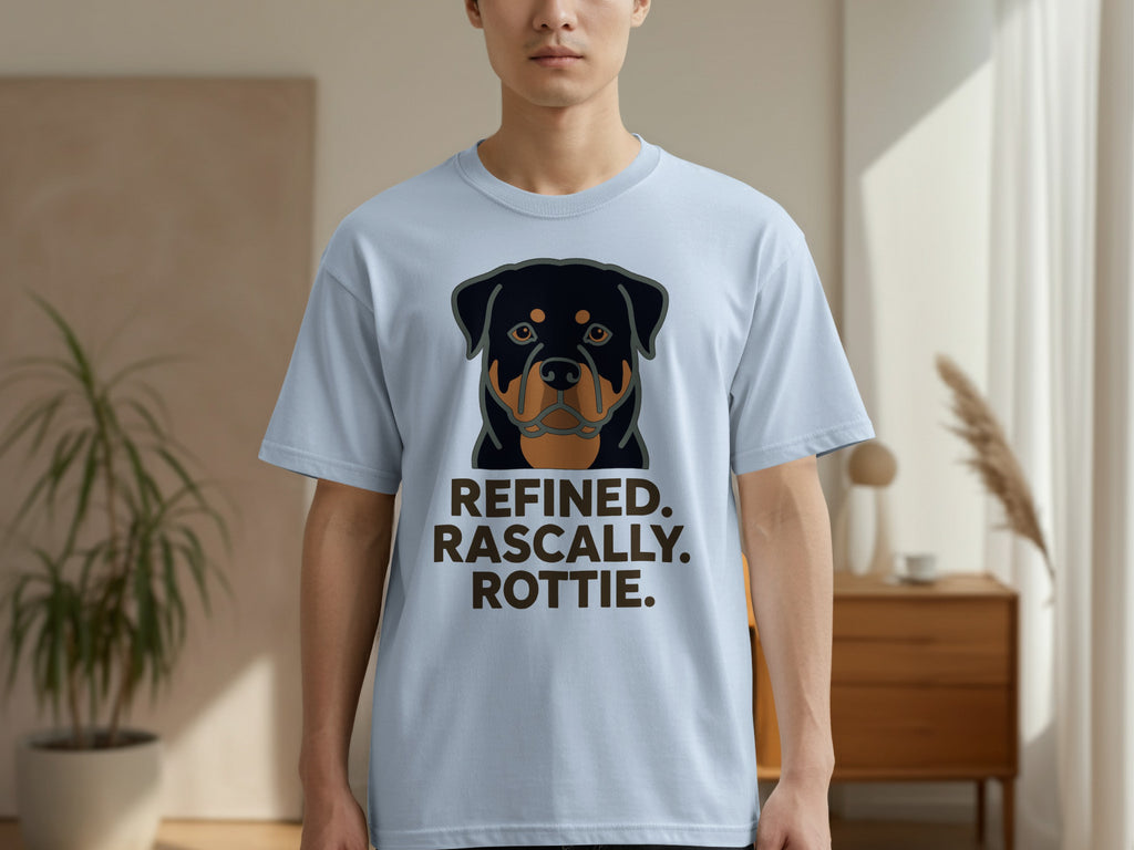Light blue t-shirt with a Rottweiler's face and the text "Refined. Rascally. Rottie."