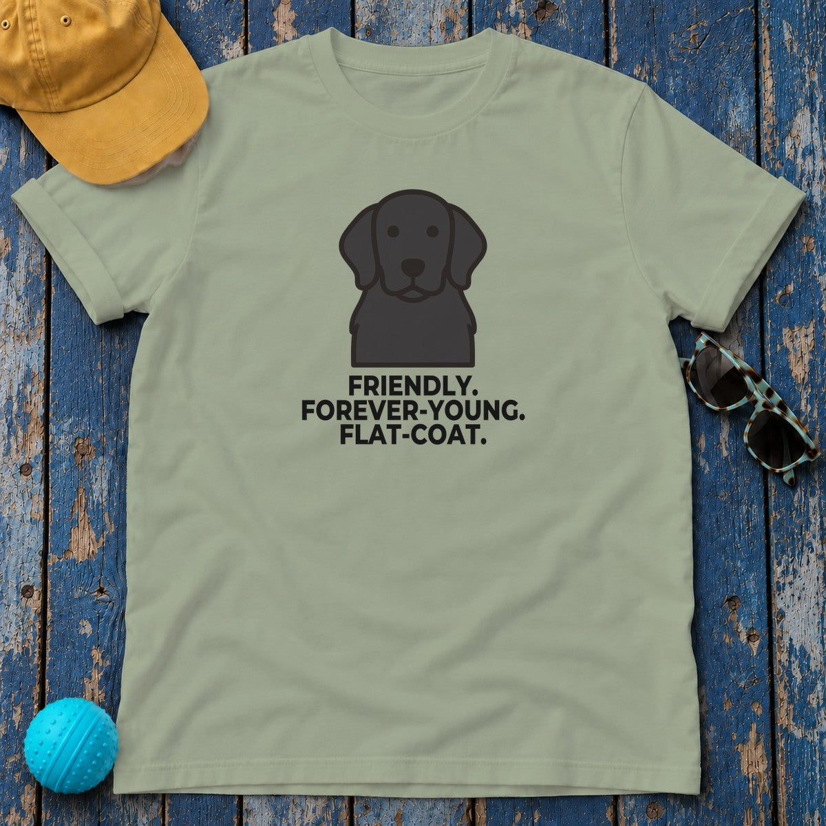 Friendly. Forever-Young. Flat-Coat. Flat-Coated Retriever T-Shirt in Sage