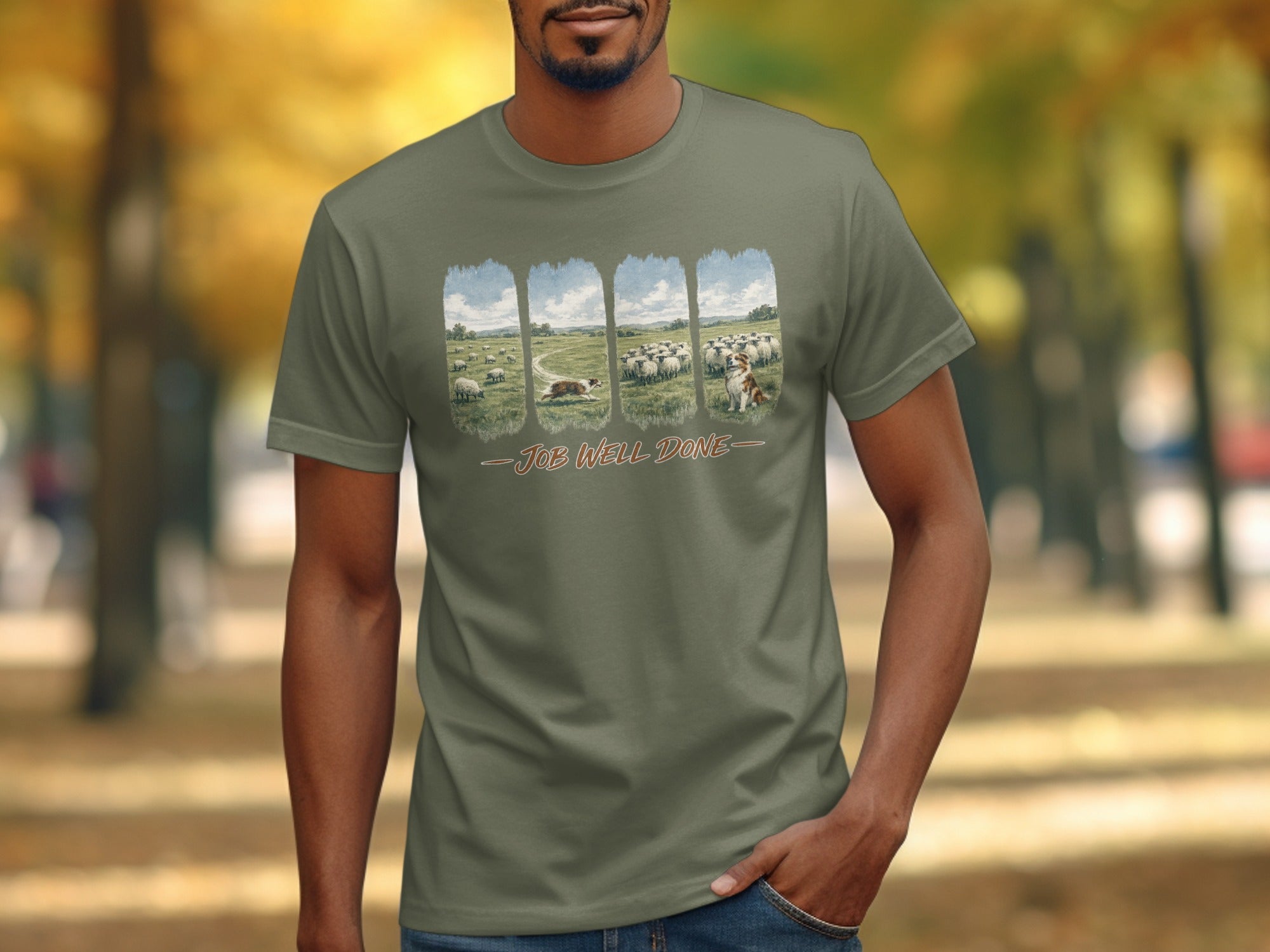 T-shirt with sheepdog herding sheep scene and text "Job Well Done."