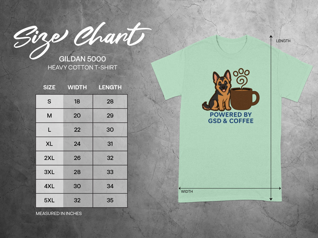 Gildan 5000 heavy cotton t-shirt size chart with width and length measurements.
