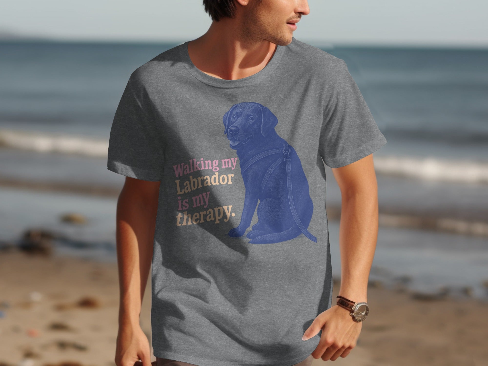 Gray t-shirt with blue Labrador graphic and text "Walking my Labrador is my therapy."