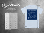 Gildan 5000 heavy cotton t-shirt size chart with Shetland Sheepdog illustration.