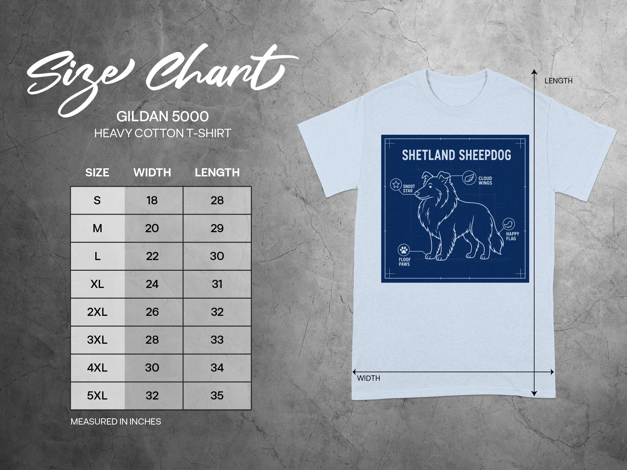 Gildan 5000 heavy cotton t-shirt size chart with Shetland Sheepdog illustration.