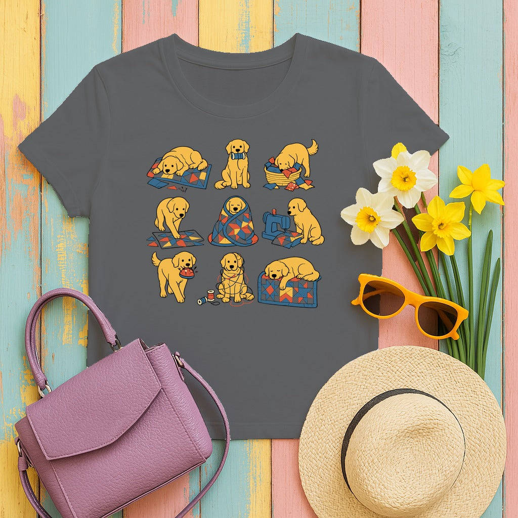 Cozy Golden Retriever Quilting Adventures T-Shirt in Graphite Heather
