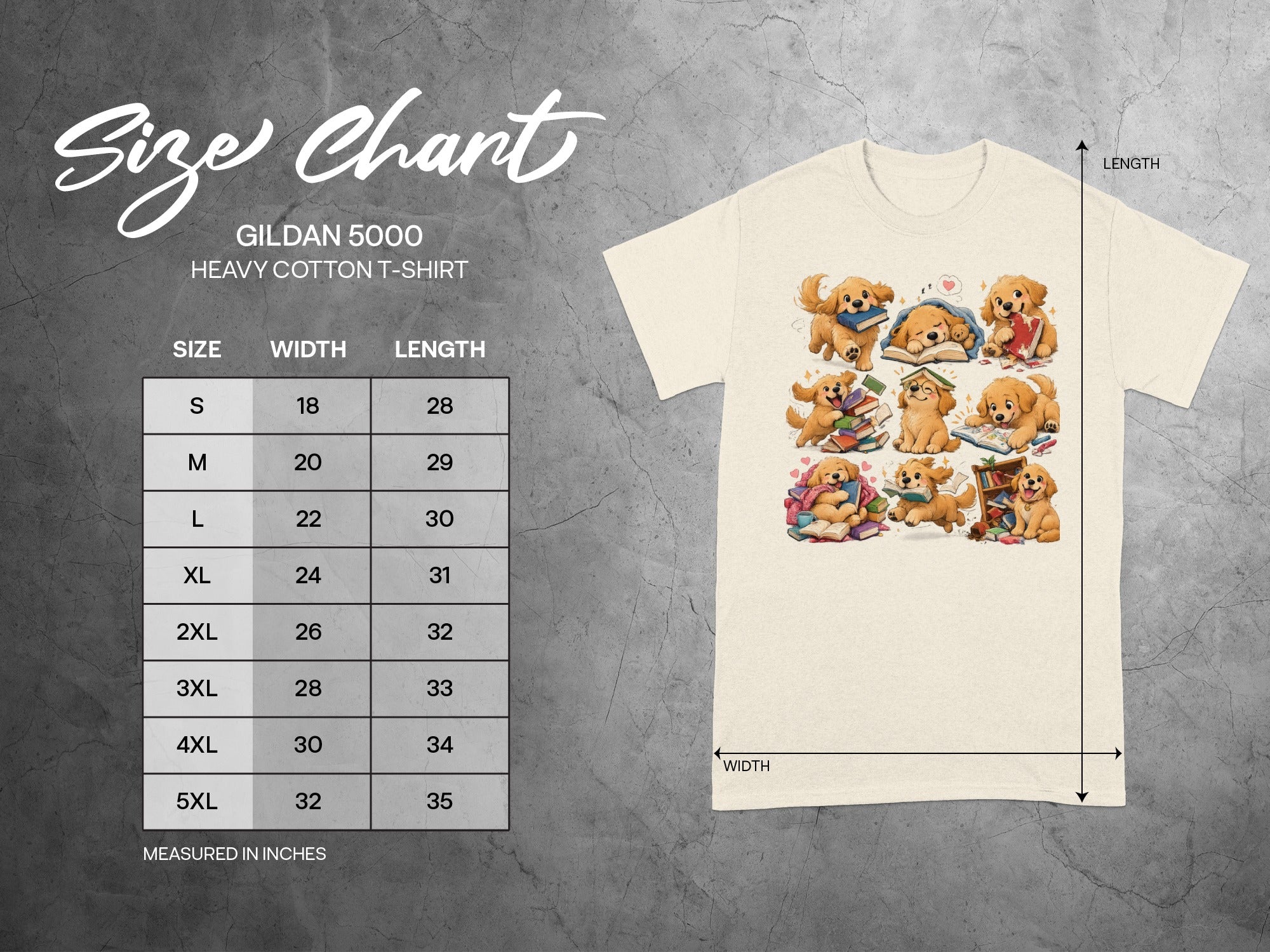 Gildan 5000 size chart for heavy cotton t-shirt with width and length measurements in inches.