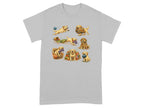 Seven playful golden retriever puppies interacting with balls of yarn and knitting supplies.
