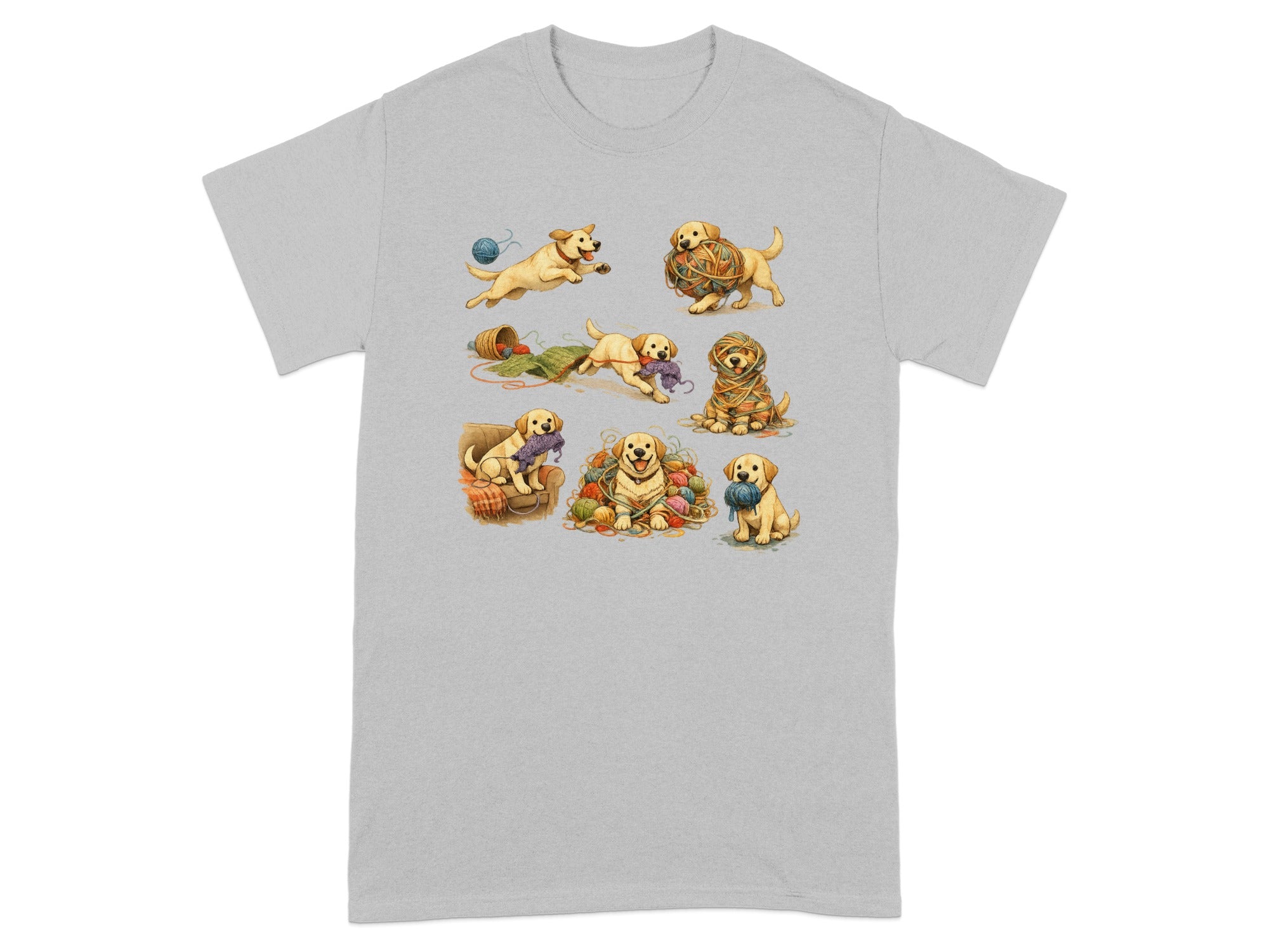 Seven playful golden retriever puppies interacting with balls of yarn and knitting supplies.
