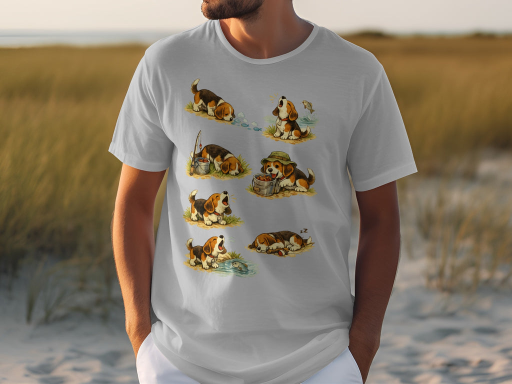 T-shirt with a print of six beagles in various playful and sleeping poses.