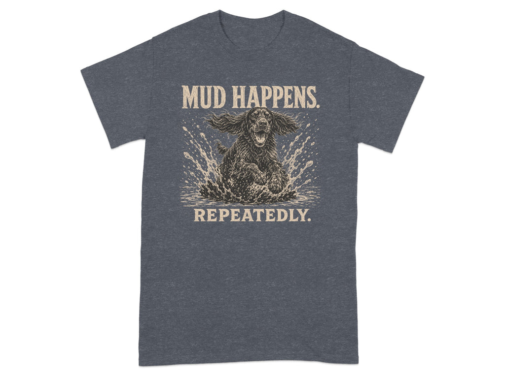 Dark grey t-shirt with distressed graphic of a dog splashing in mud.