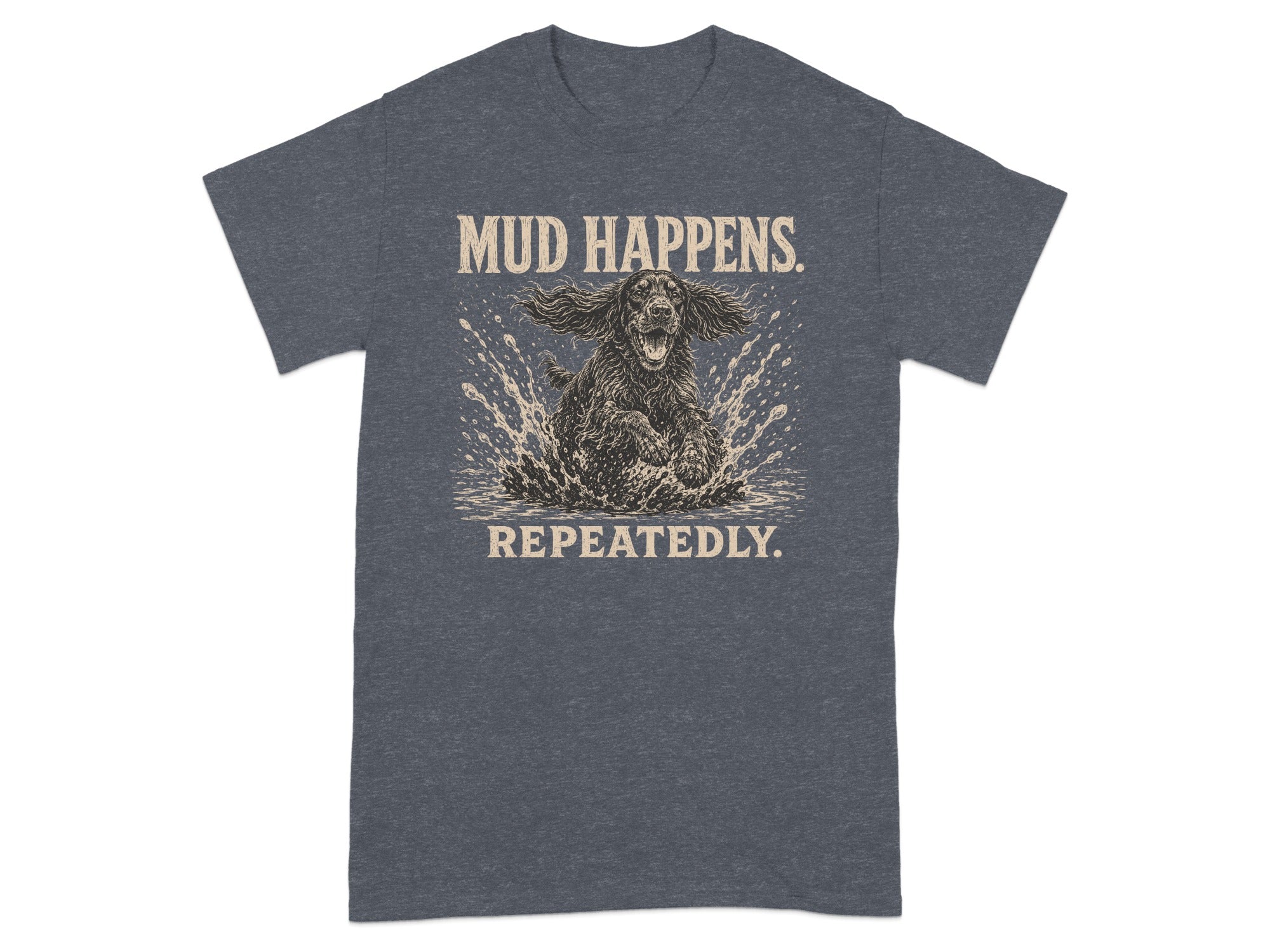 Dark grey t-shirt with distressed graphic of a dog splashing in mud.
