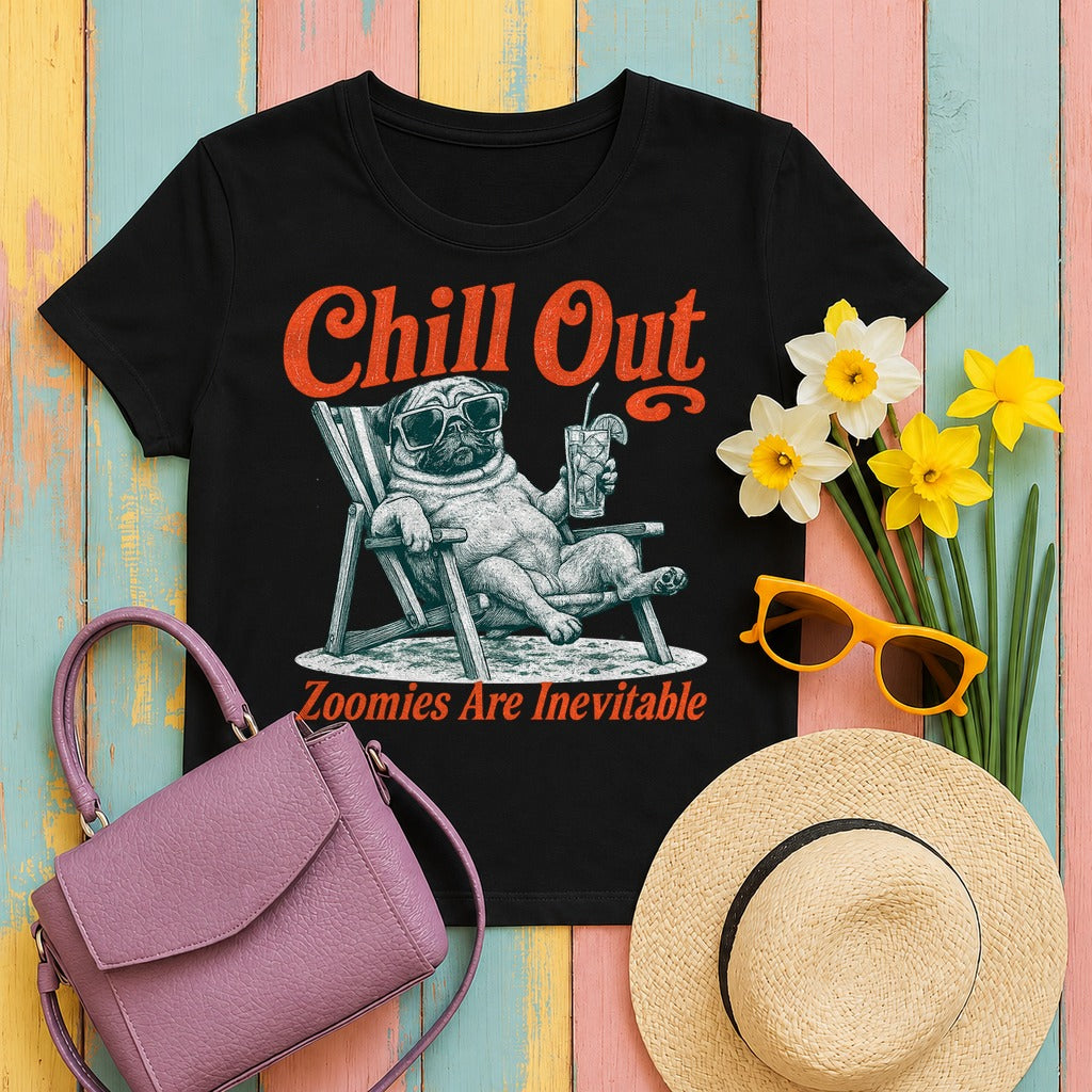 Chill Out Pug: Zoomies T-Shirt in Black