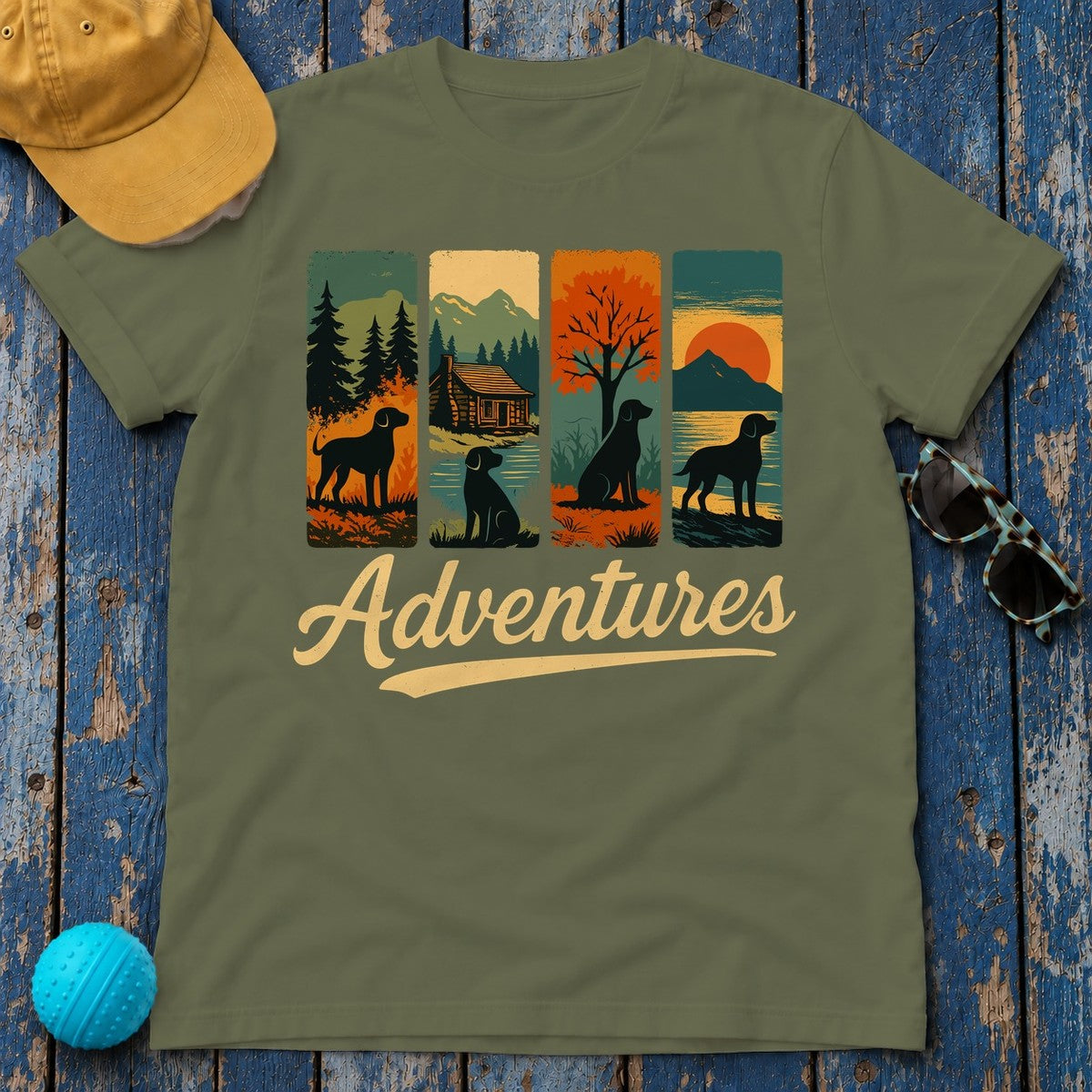 Adventurous Black Labrador in Nature T-Shirt in Military Green