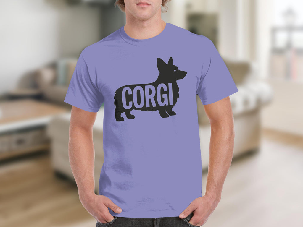 Lavender t-shirt with black corgi silhouette and "CORGI" text.