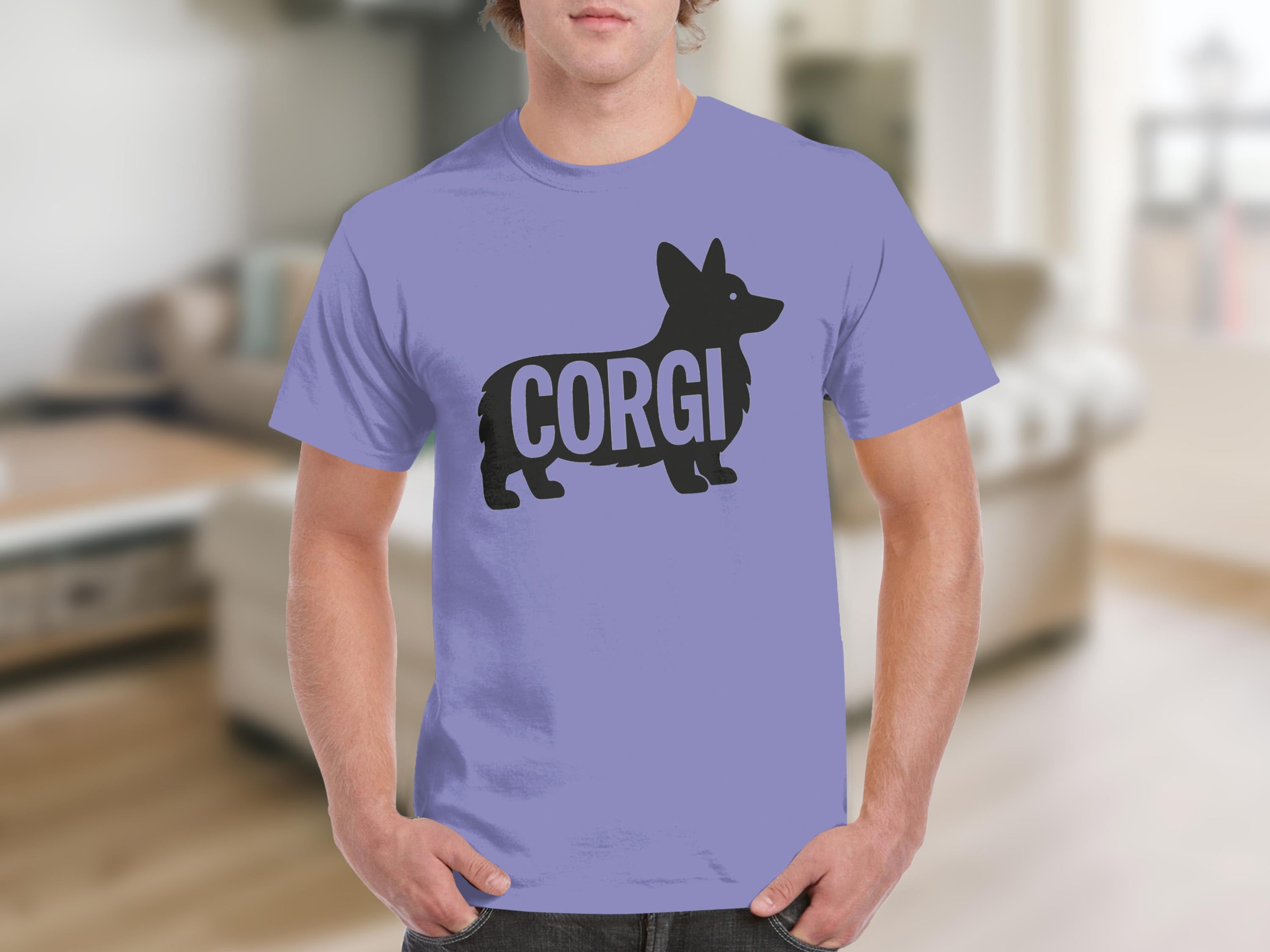 Lavender t-shirt with black corgi silhouette and "CORGI" text.