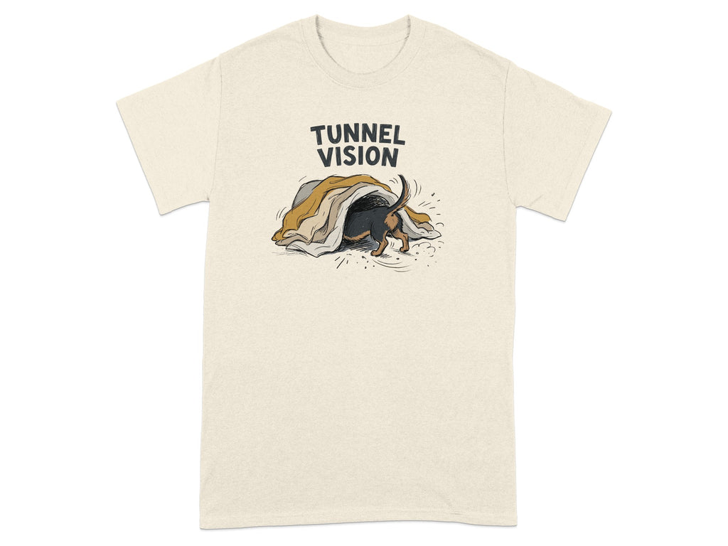 Beige t-shirt with "TUNNEL VISION" text and a dachshund peeking out of a burrow.