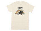 Beige t-shirt with "TUNNEL VISION" text and a dachshund peeking out of a burrow.
