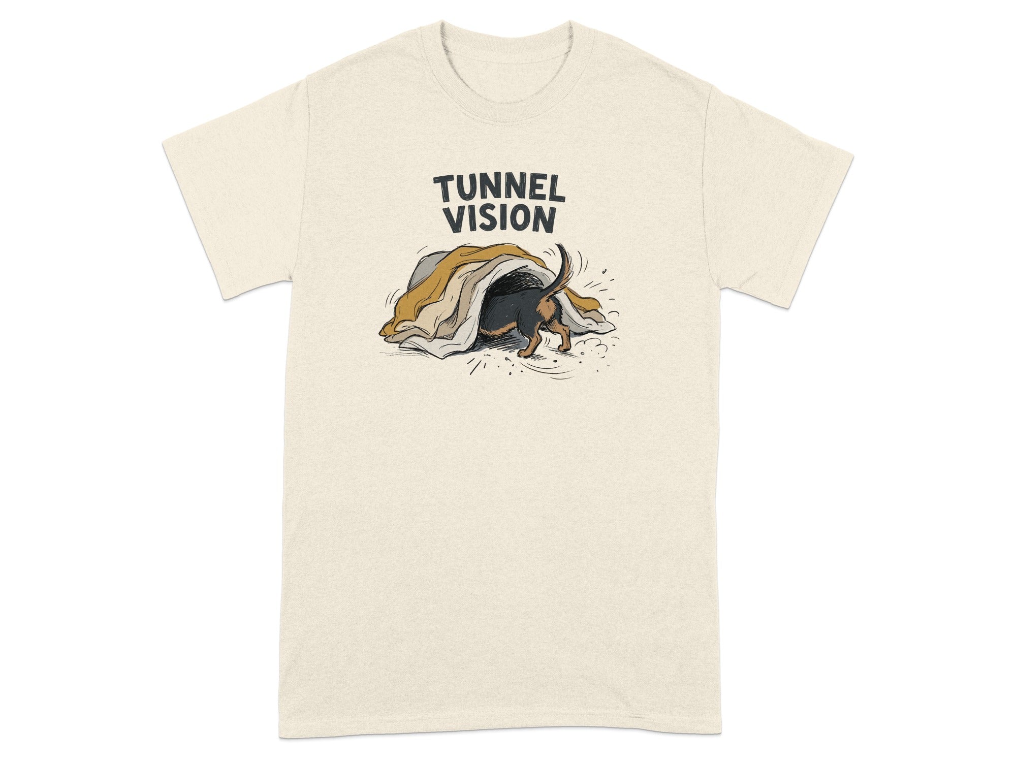 Beige t-shirt with "TUNNEL VISION" text and a dachshund peeking out of a burrow.