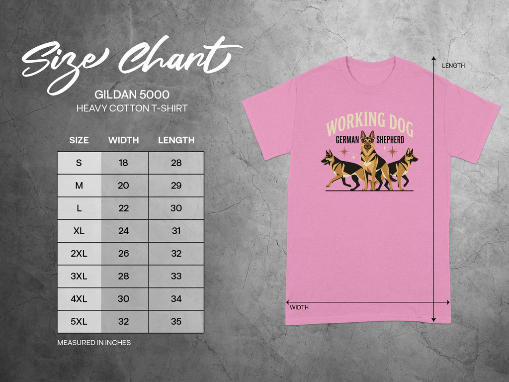 Gildan 5000 Heavy Cotton T-shirt size chart with "Working Dog German Shepherd" graphic.
