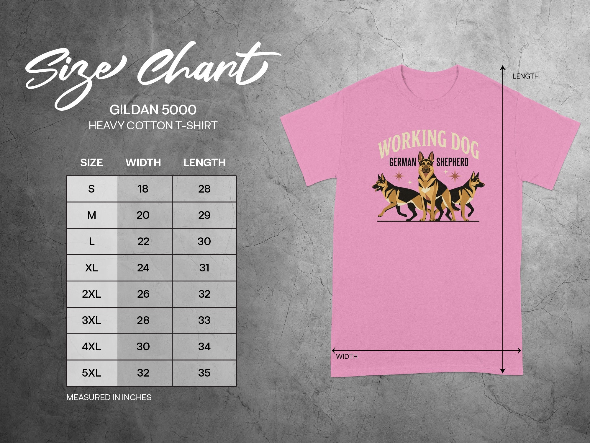 Gildan 5000 Heavy Cotton T-shirt size chart with "Working Dog German Shepherd" graphic.