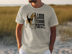 Cream t-shirt with a beagle and text "LOUD. STUBBORN. PERFECT."