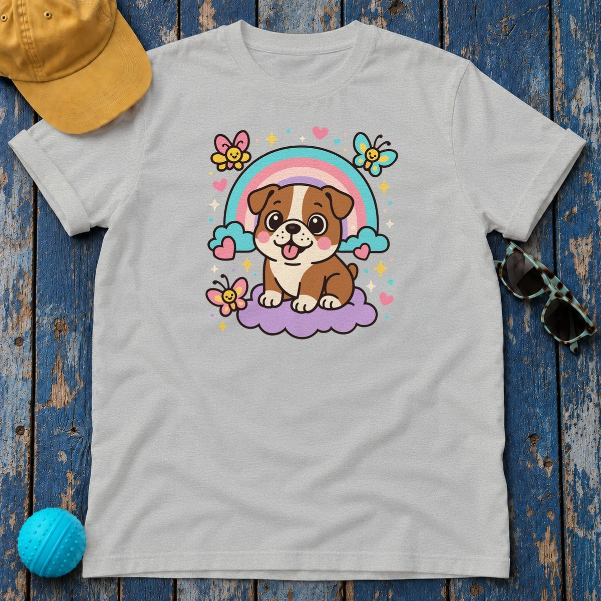 Adorable English Bulldog with Rainbow T-Shirt in Sport Grey