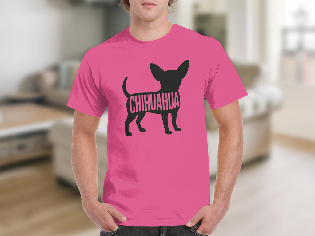 Pink t-shirt with black chihuahua silhouette holding "chihuahua" text.