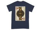 German Shepherd depicted as Queen of Hearts playing card on a navy t-shirt.
