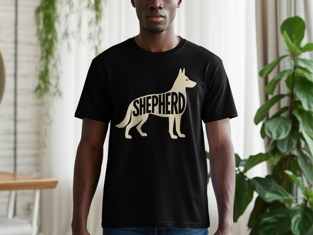 Black t-shirt with beige German Shepherd silhouette graphic and "SHEPHERD" text.