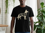 Black t-shirt with beige German Shepherd silhouette graphic and "SHEPHERD" text.